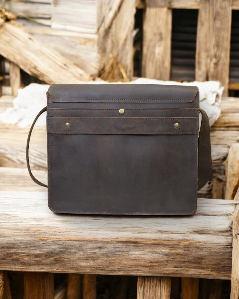 Personalized leather messenger bag with monogram option
