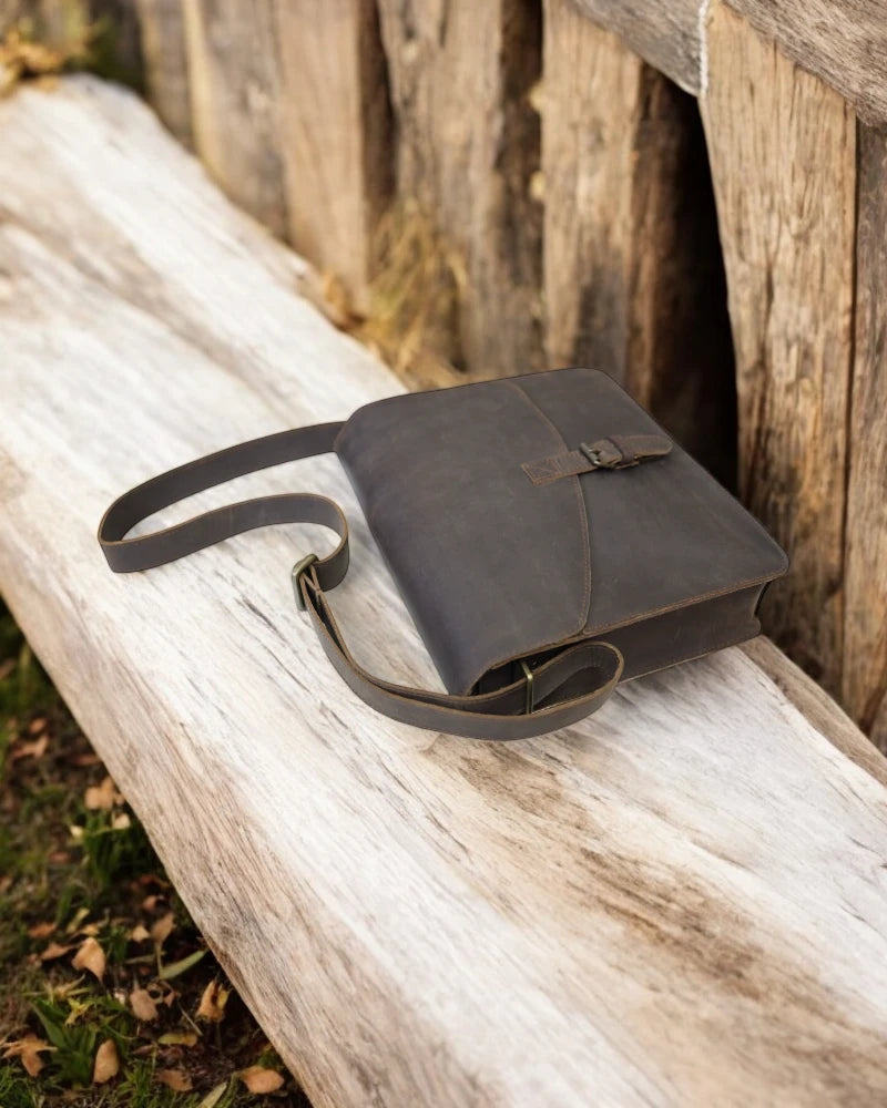 Stylish brown leather business bag with secure closure