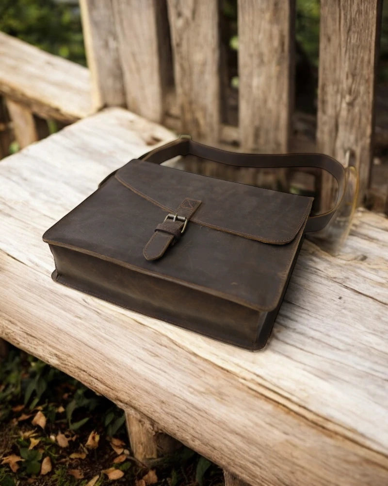 Travel-friendly leather satchel with multiple compartments