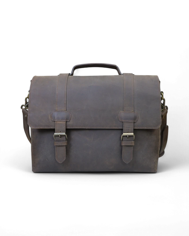 Premium brown leather laptop briefcase with padded sleeve