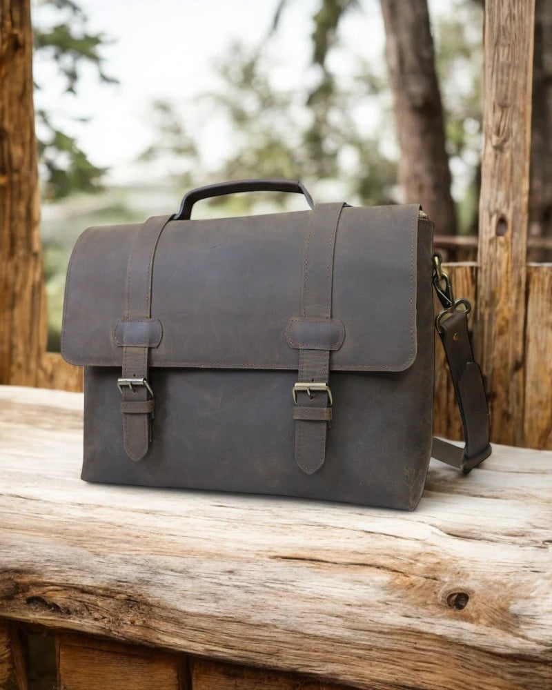 Personalized leather satchel with adjustable crossbody strap