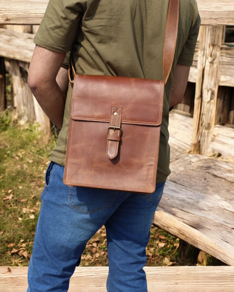 Handcrafted full-grain leather office bag with brass hardware