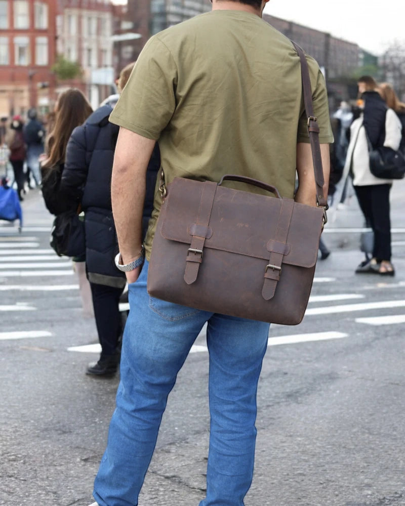 Stylish leather work bag with durable brass hardware