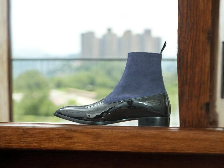 Handmade patent leather and suede ankle boots