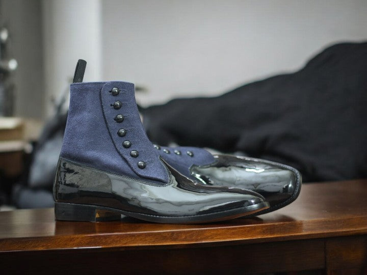 Glossy patent leather and suede formal boots

