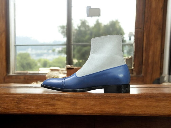 Two-tone blue and white leather cap toe ankle boots