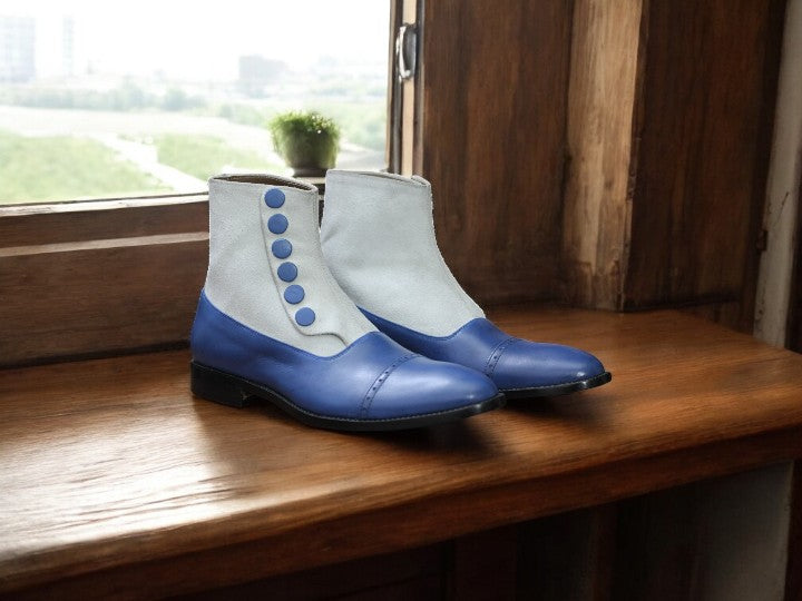 Blue and white leather suede cap toe button boots for men