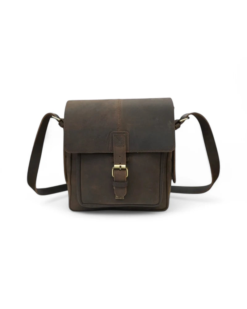 Luxury brown leather messenger bag for women with crossbody strap