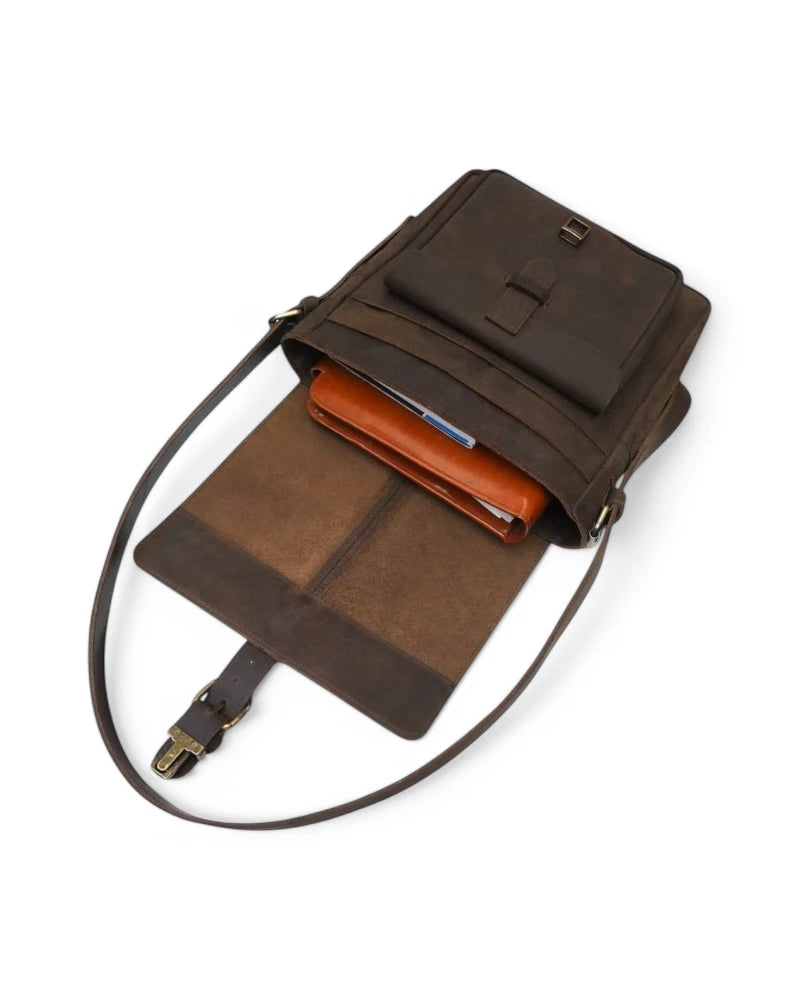 High-quality brass hardware on leather messenger bag