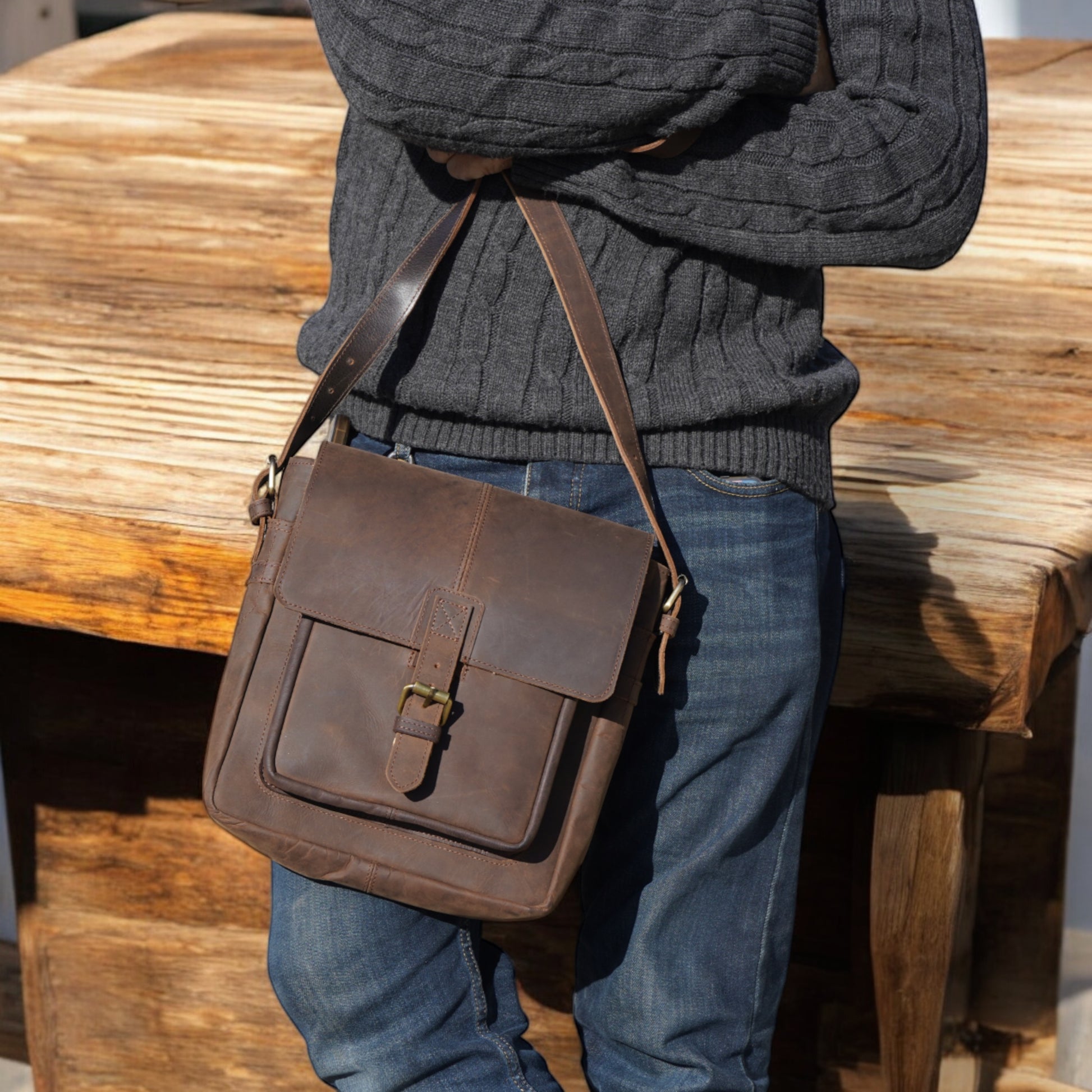 Side view showing compact profile of work bag