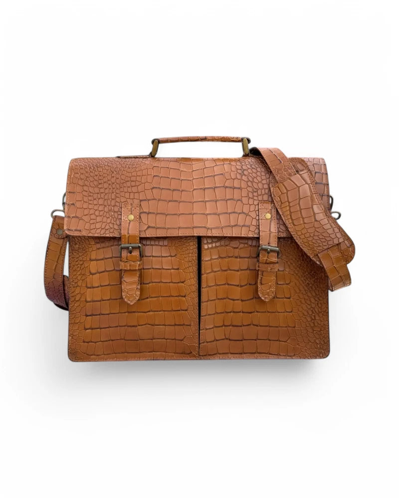 Handmade Black Alligator Texture Leather Briefcase – A premium full-grain leather messenger bag with an embossed alligator texture and Italian brass hardware.