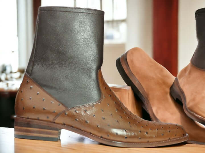 Elevate your style with Handmade Ostrich Print Brown Leather Boots for men. Ideal for both formal occasions and rugged adventures, these boots seamlessly blend luxury and durability. Crafted by hand from genuine ostrich leather, they offer comfort and longevity, enhancing any outfit effortlessly.