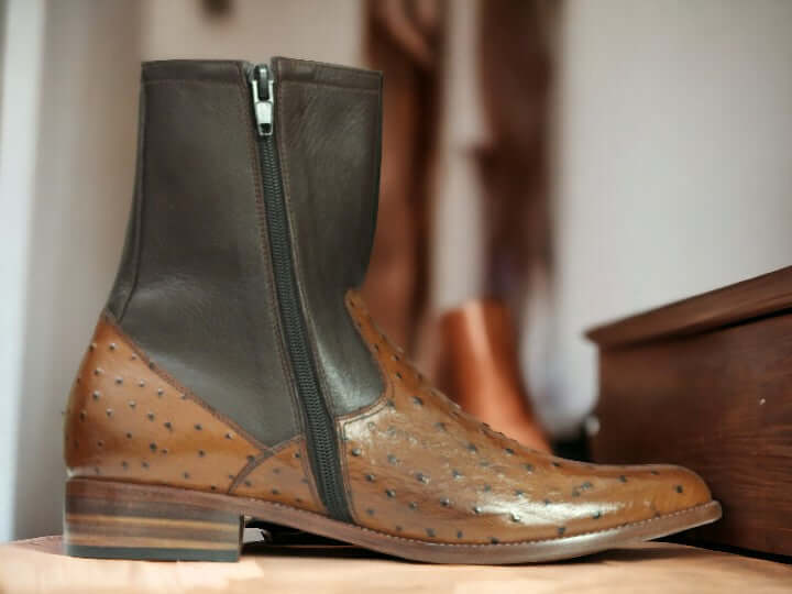 Elevate your style with Handmade Ostrich Print Brown Leather Boots for men. Ideal for both formal occasions and rugged adventures, these boots seamlessly blend luxury and durability. Crafted by hand from genuine ostrich leather, they offer comfort and longevity, enhancing any outfit effortlessly.