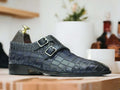 Blue Double Monk Alligator Shoes Buckle Strap Leather Shoes For Men