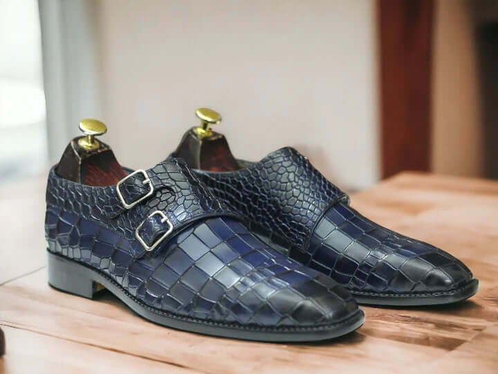 Blue Double Monk Alligator Shoes Buckle Strap Leather Shoes For Men