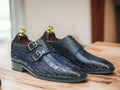 Blue Double Monk Alligator Shoes Buckle Strap Leather Shoes For Men