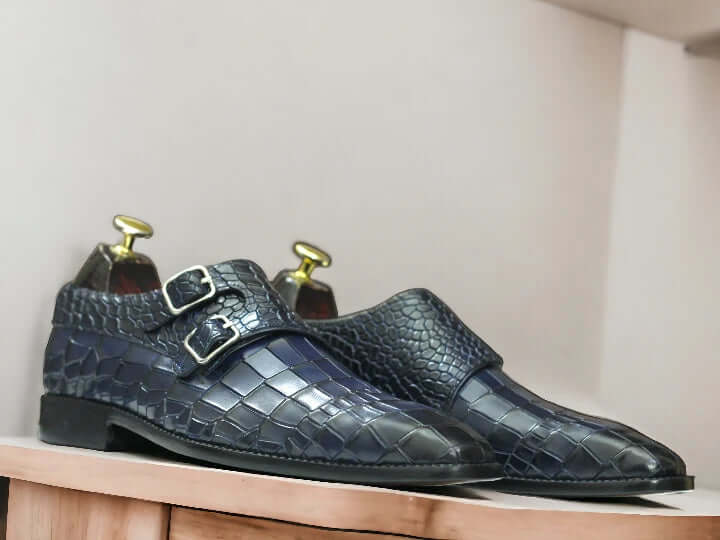 Blue Double Monk Alligator Shoes Buckle Strap Leather Shoes For Men