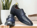 Blue Double Monk Alligator Shoes Buckle Strap Leather Shoes For Men