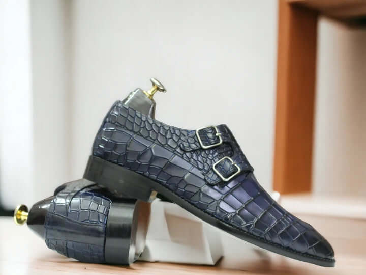 Blue Double Monk Alligator Shoes Buckle Strap Leather Shoes For Men
