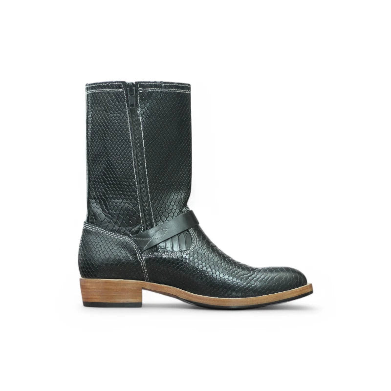 Rear view of black leather boots highlighting sturdy heel and structure.
