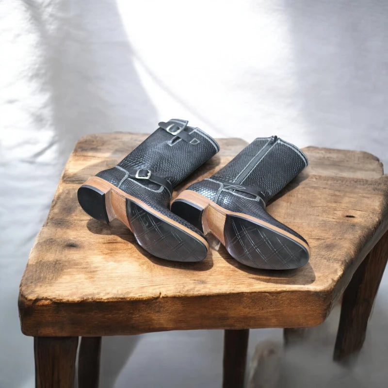 Brass-coated steel buckle detail on premium leather boots.and sole 