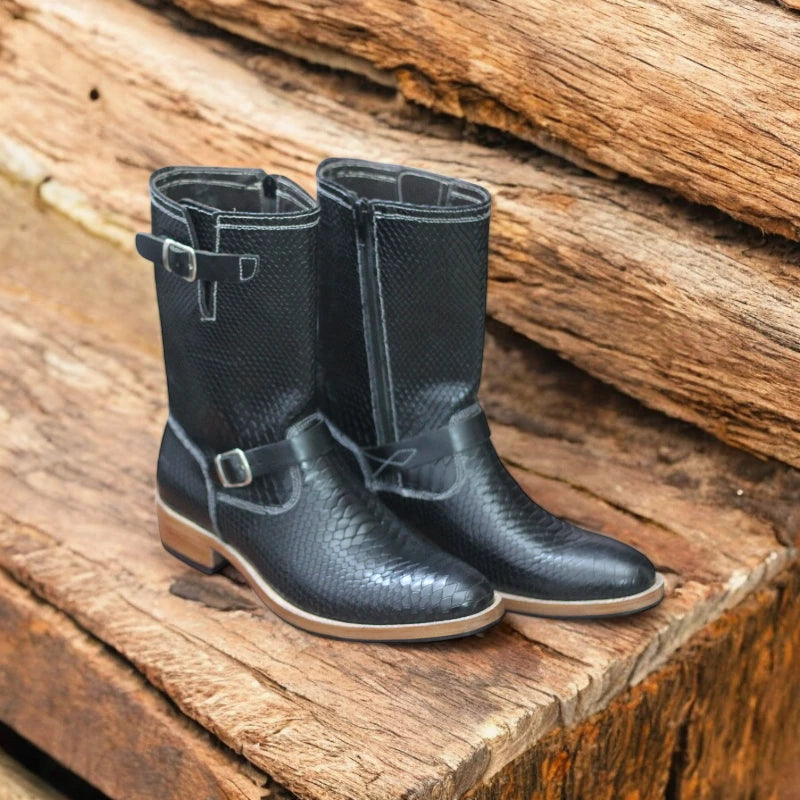 Stitching detail on Goodyear storm-welted leather boots.
