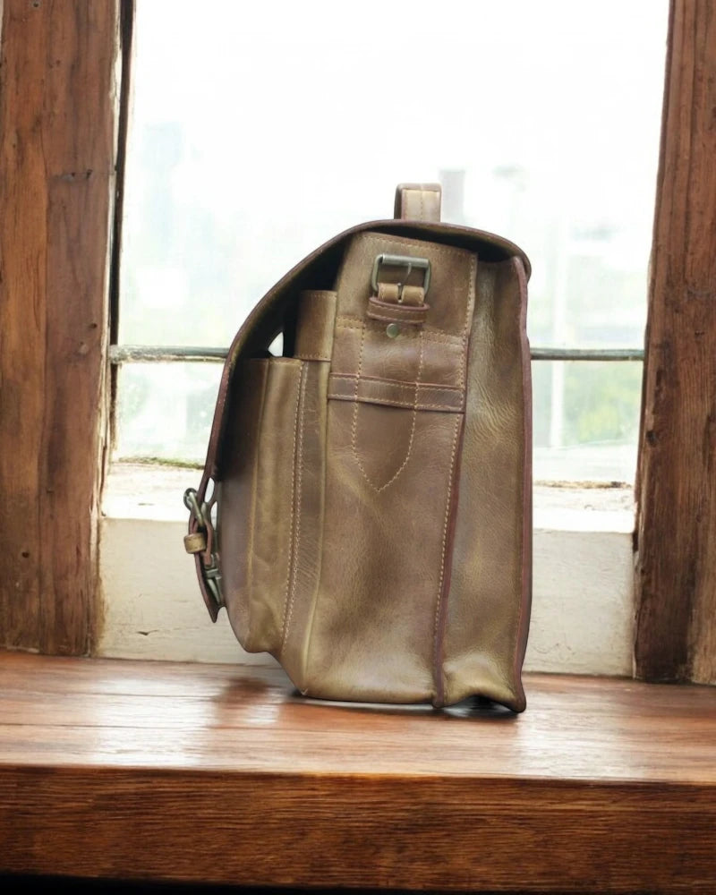 Classic black leather laptop messenger bag