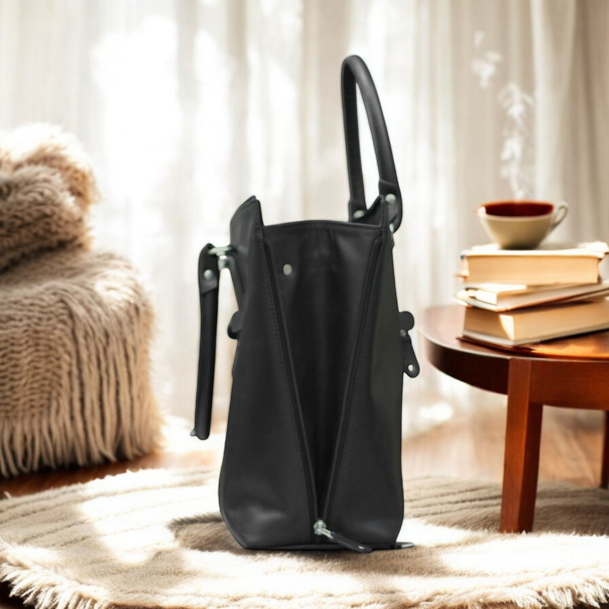 Backside view of the laptop tote showing external zipper pockets for quick access.

