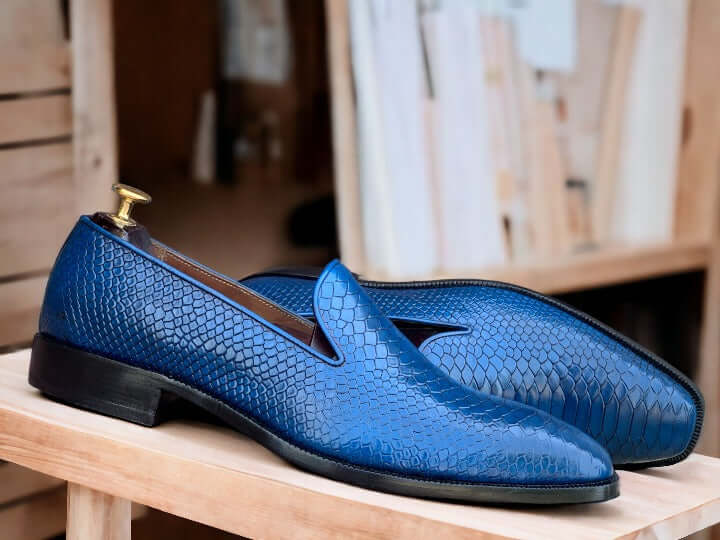 Handmade Men's Blue Python Loafer Shoes, Slip On Moccasin Shoes