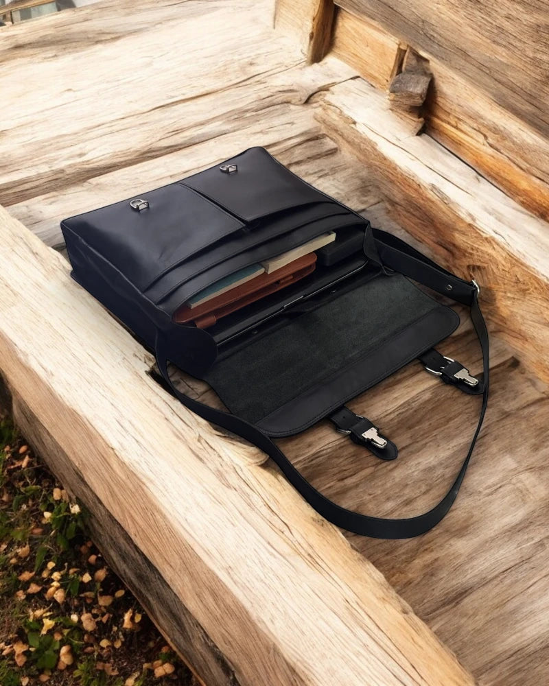 Handmade brown leather laptop bag with crossbody strap