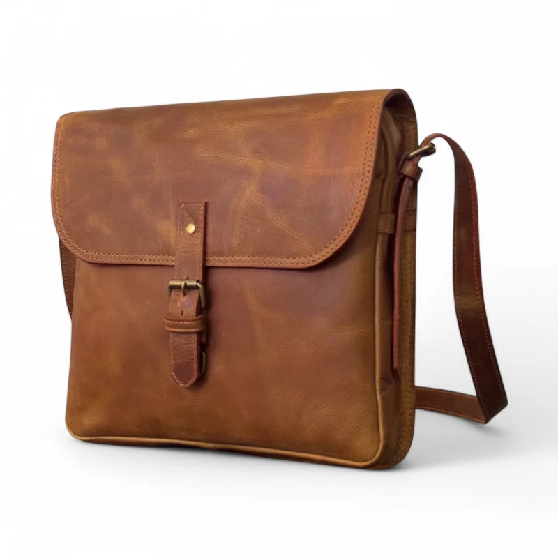 Side view of the bag with an adjustable leather strap – Demonstrating the flexibility and portability of the design.