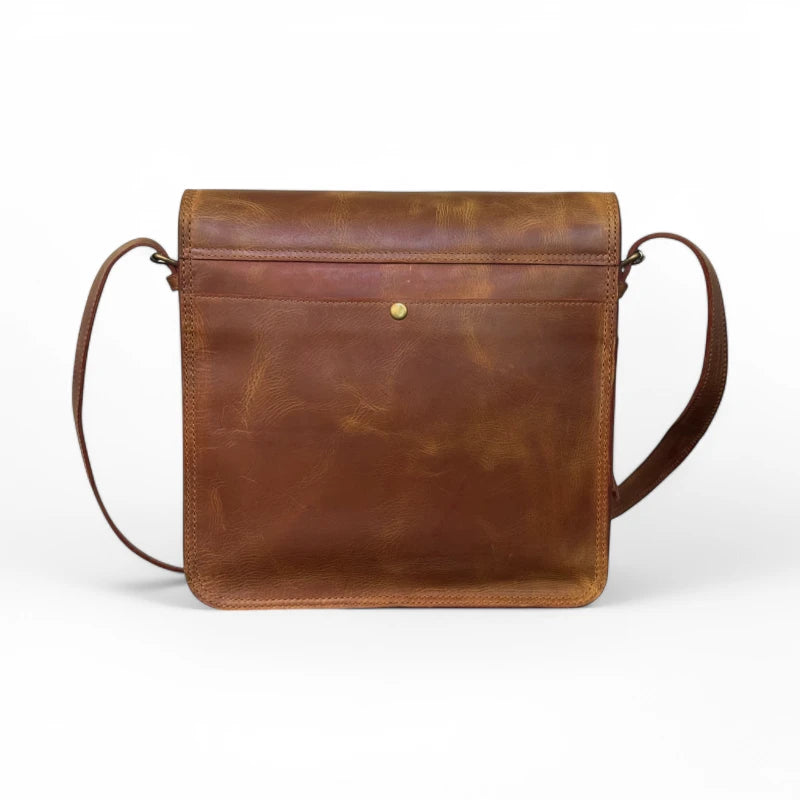 Back view of the messenger satchel – Featuring a rear snap pocket for easy access to essentials.
