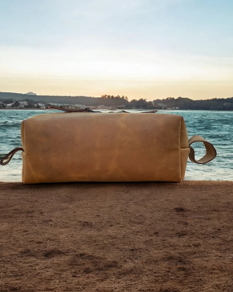 Premium leather toiletry case with secure zipper closure