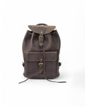Full view of handmade full-grain leather backpack in brown.
