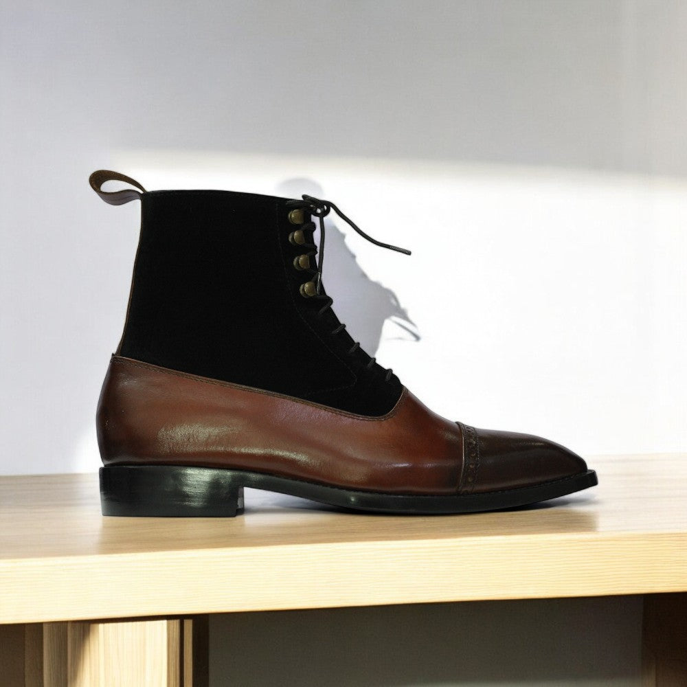 Handmade Brown Leather & Black Suede Cap Toe Ankle Boots with elegant contrast and premium craftsmanship.
