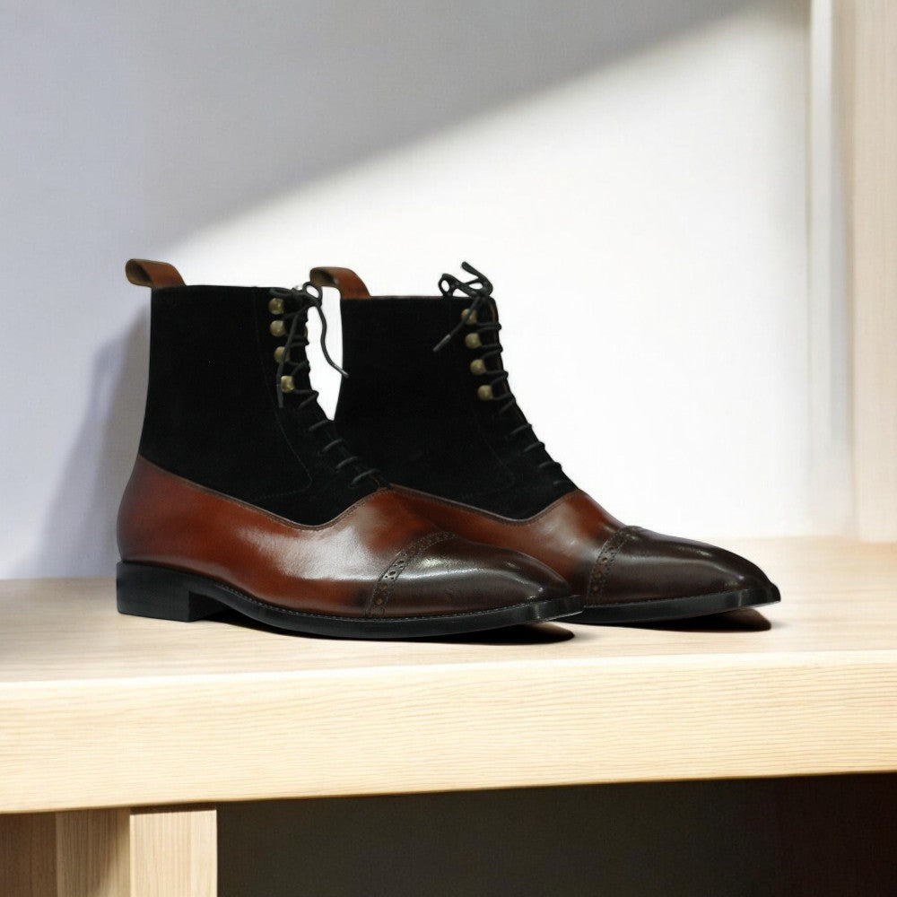 Handmade Brown Leather & Black Suede Cap Toe Ankle Boots with elegant contrast and premium craftsmanship.