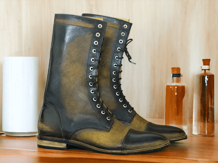 Men's Hand Stitched hi-Liner Leather Boot, Brown Two Tone Long Leather Boot Lace up Boots