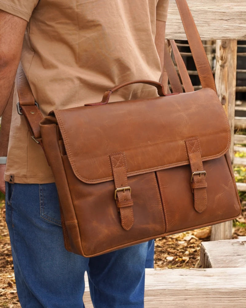 Full-grain leather messenger bag for men with adjustable strap