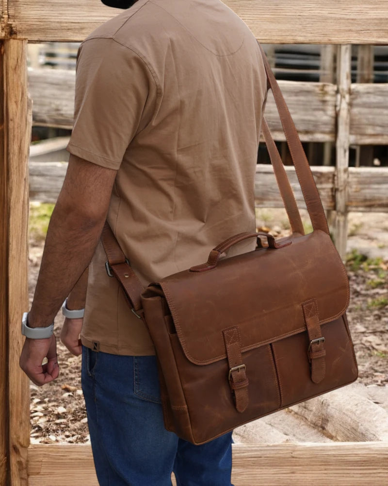 Personalized leather satchel with monogram engraving