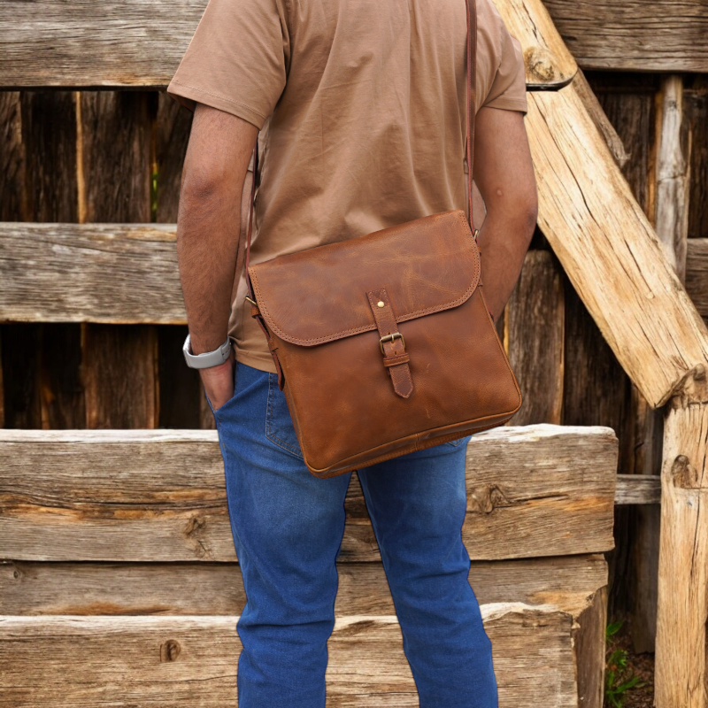 Front view of the leather crossbody bag – Showcasing the stylish saddle brown finish with a secure tick lock closure.