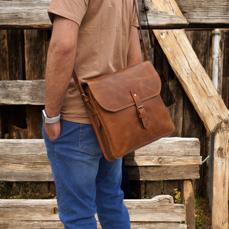 Side view of the bag with an adjustable leather strap – Demonstrating the flexibility and portability of the design.