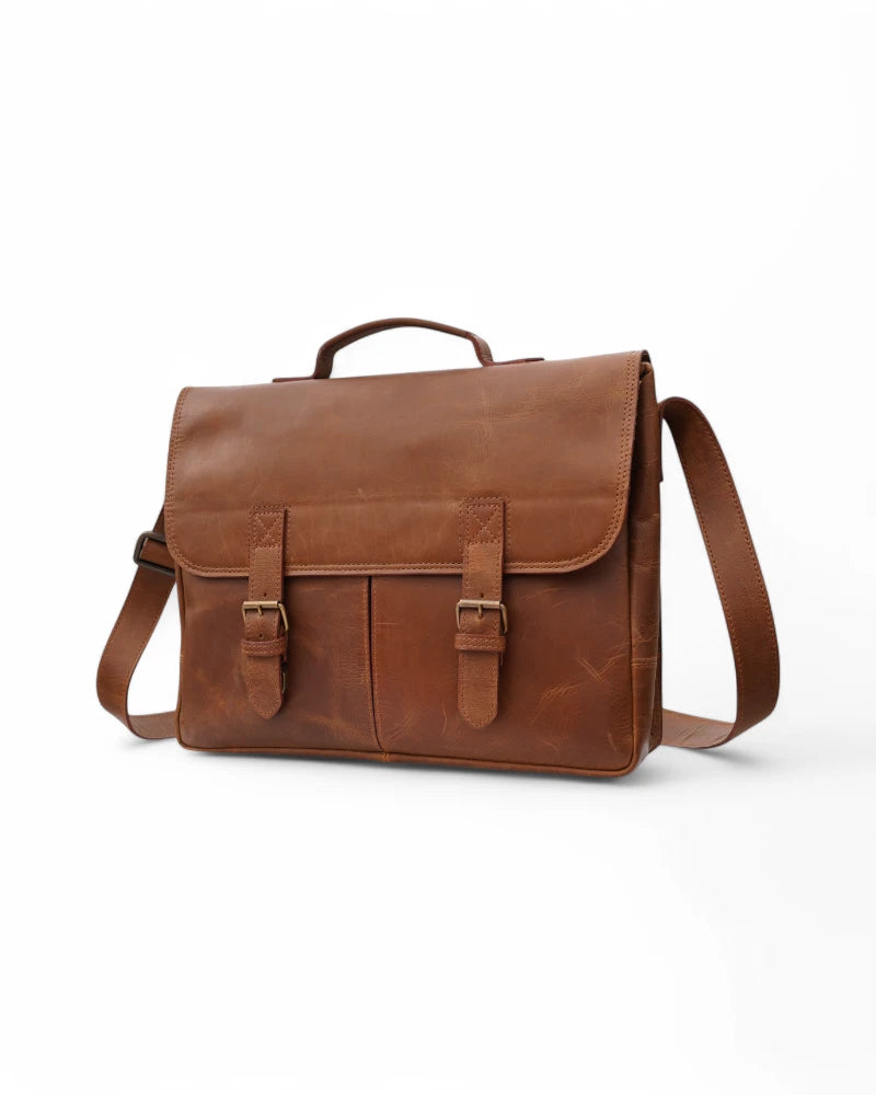 16-inch laptop satchel with adjustable leather strap and handle