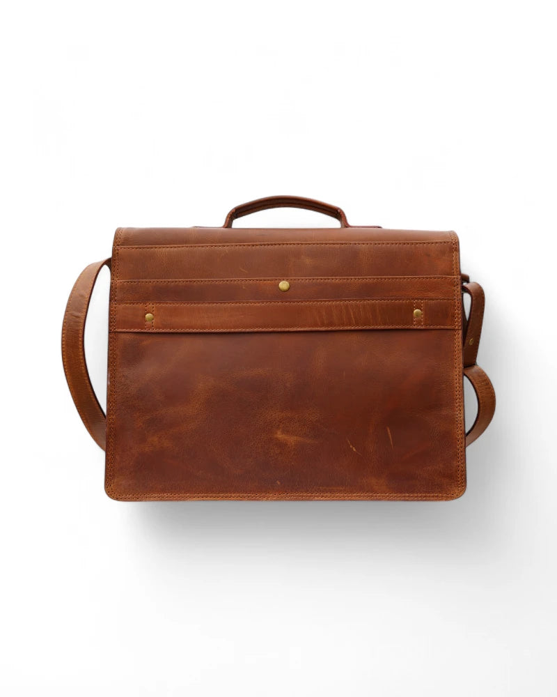 Weatherproof leather messenger bag with secure clasps