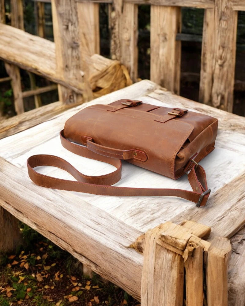 Brown leather business bag with multiple storage compartments