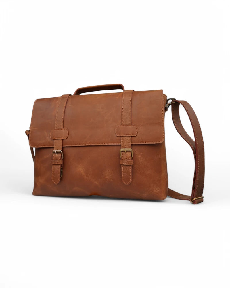 Handmade brown leather laptop bag with crossbody strap