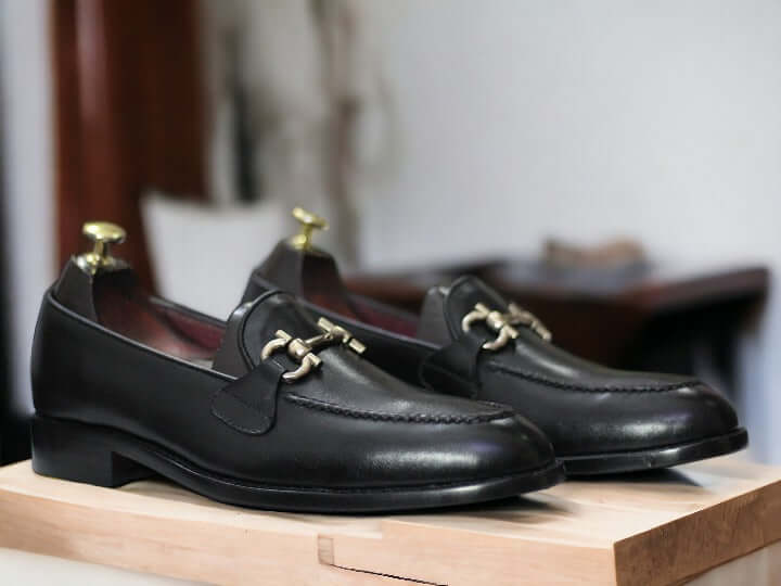 Men's Handmade Pure Black Genuine Leather Shoes, Horsebit Style Loafer Shoes