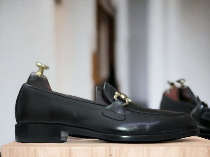 Men's Handmade Pure Black Genuine Leather Shoes, Horsebit Style Loafer Shoes