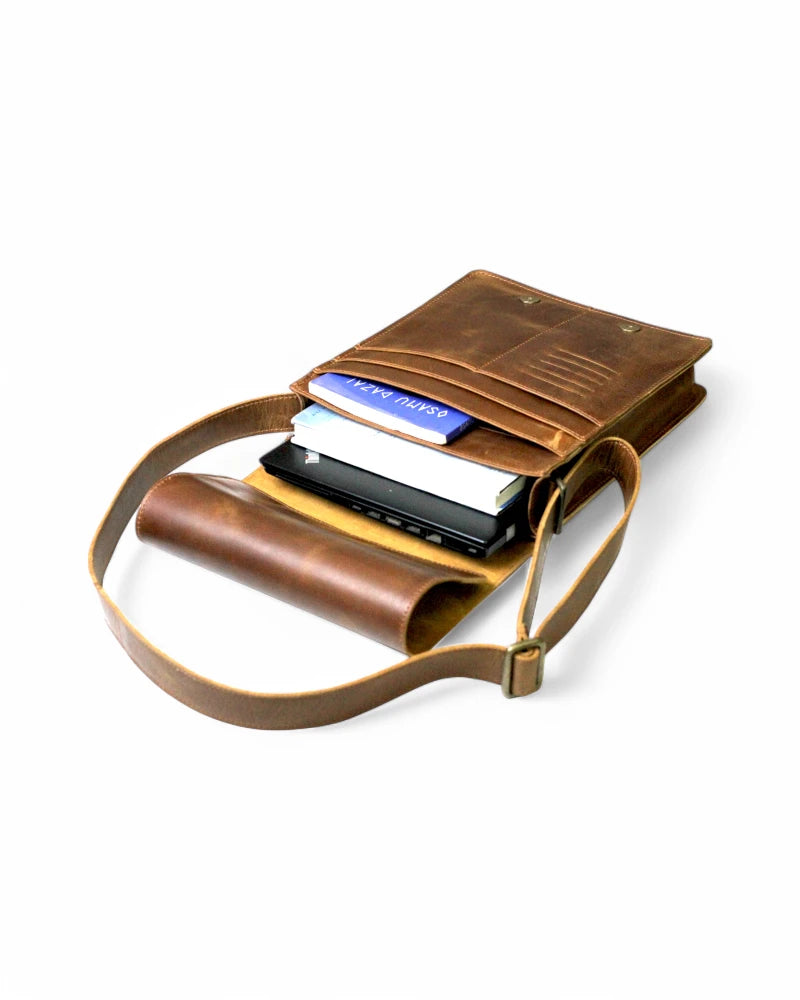 Vintage-inspired brown leather messenger bag for work and travel