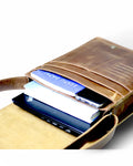 Brown leather messenger bag with magnetic snap closure