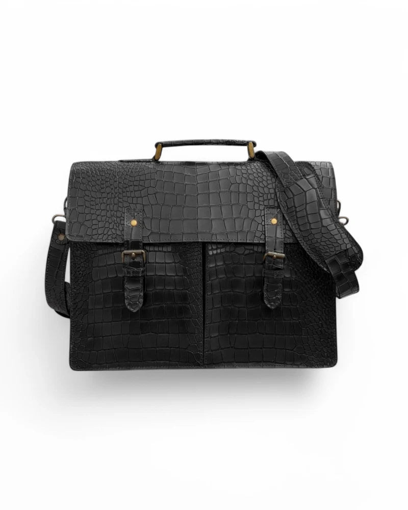 Handmade Black Alligator Texture Leather Briefcase – A premium full-grain leather messenger bag with an embossed alligator texture and Italian brass hardware.